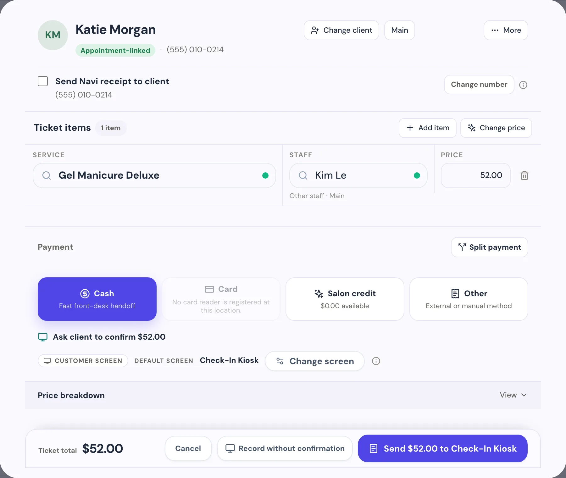 Navi checkout: the appointment-linked ticket with service, staff, and price, tender options for cash, card, salon credit, and other, and the customer-screen confirmation step