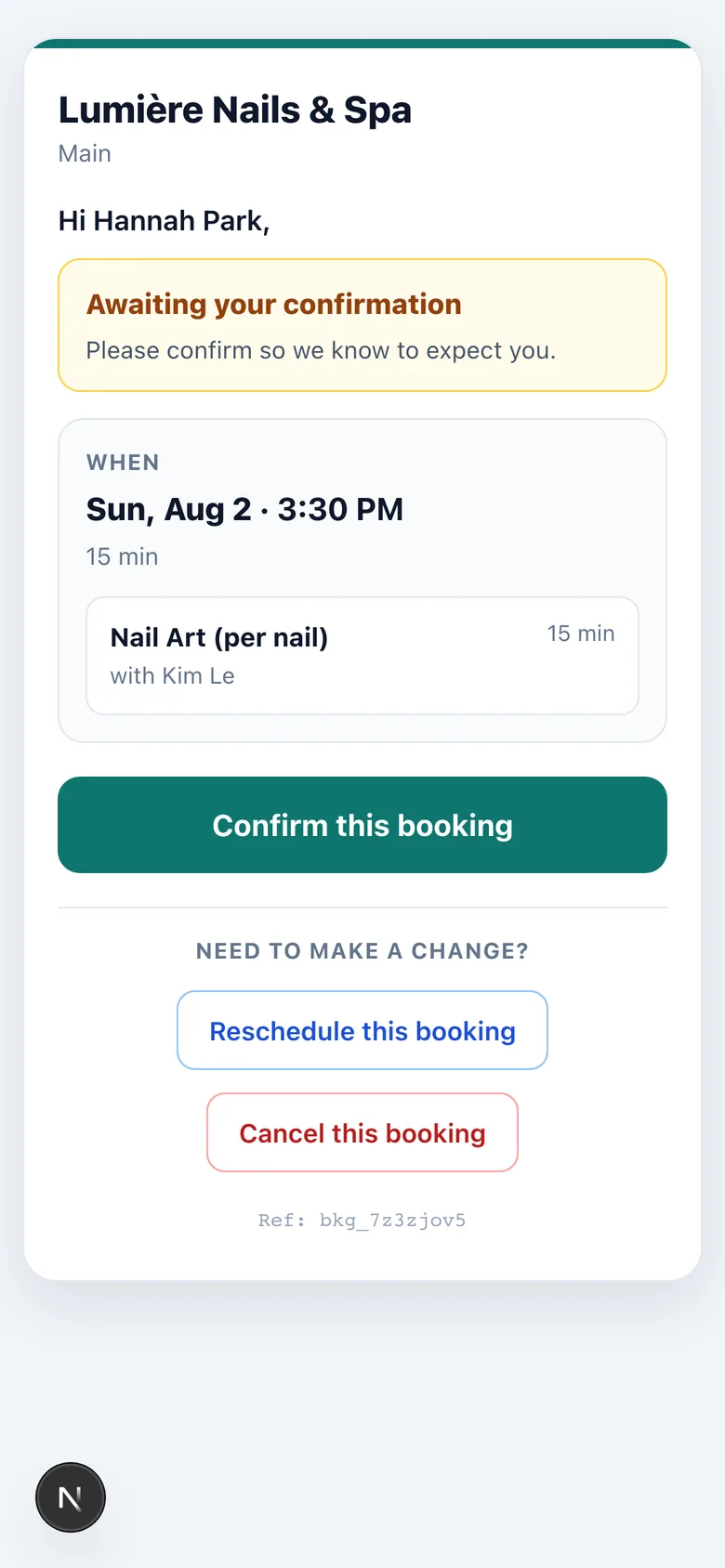 Client's phone view of a Navi appointment link with confirm, reschedule, and cancel buttons for an upcoming salon visit