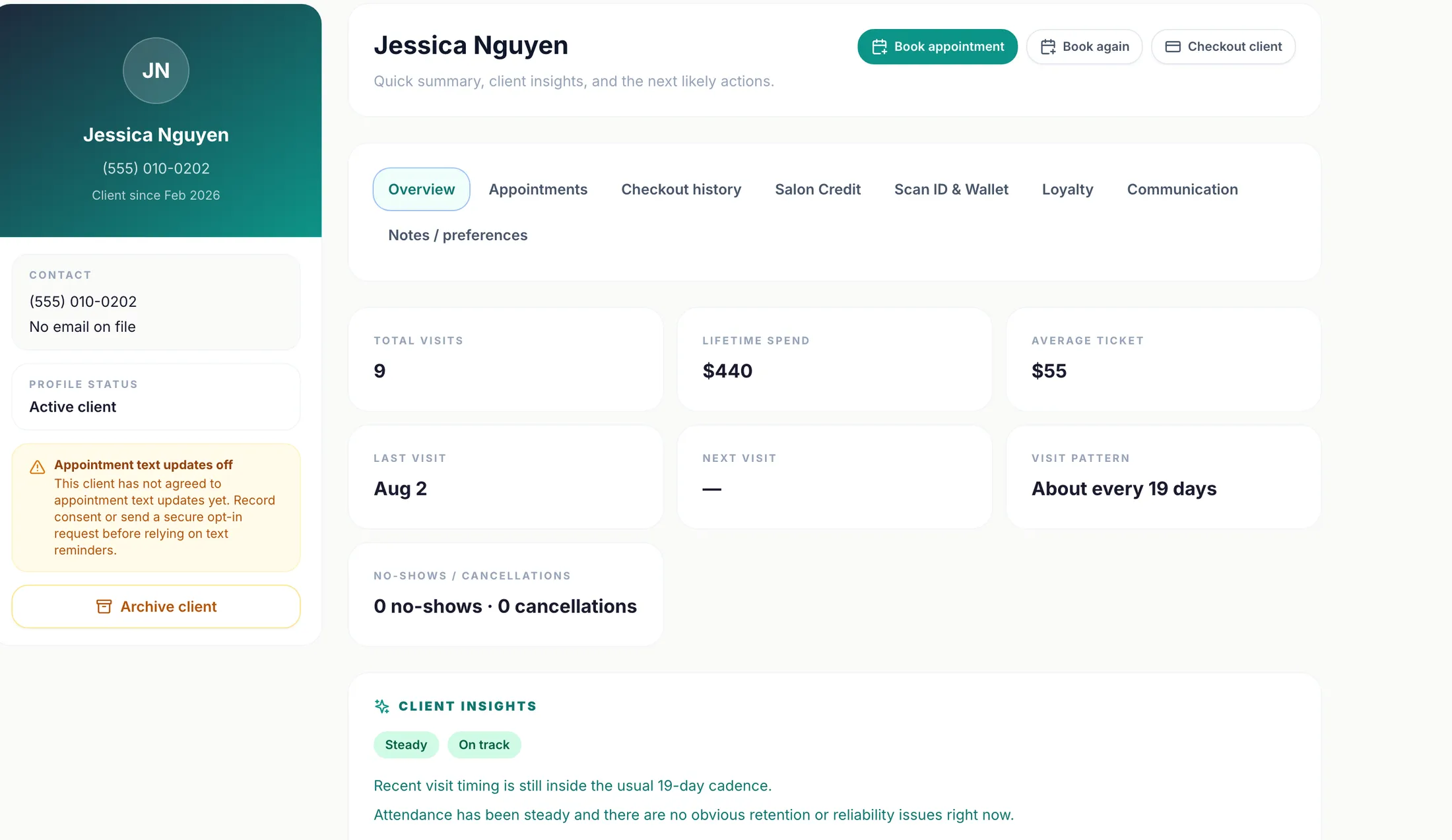 Navi client profile for a regular: total visits, lifetime spend, average ticket, visit pattern, and client insights with rebooking status and preferred service