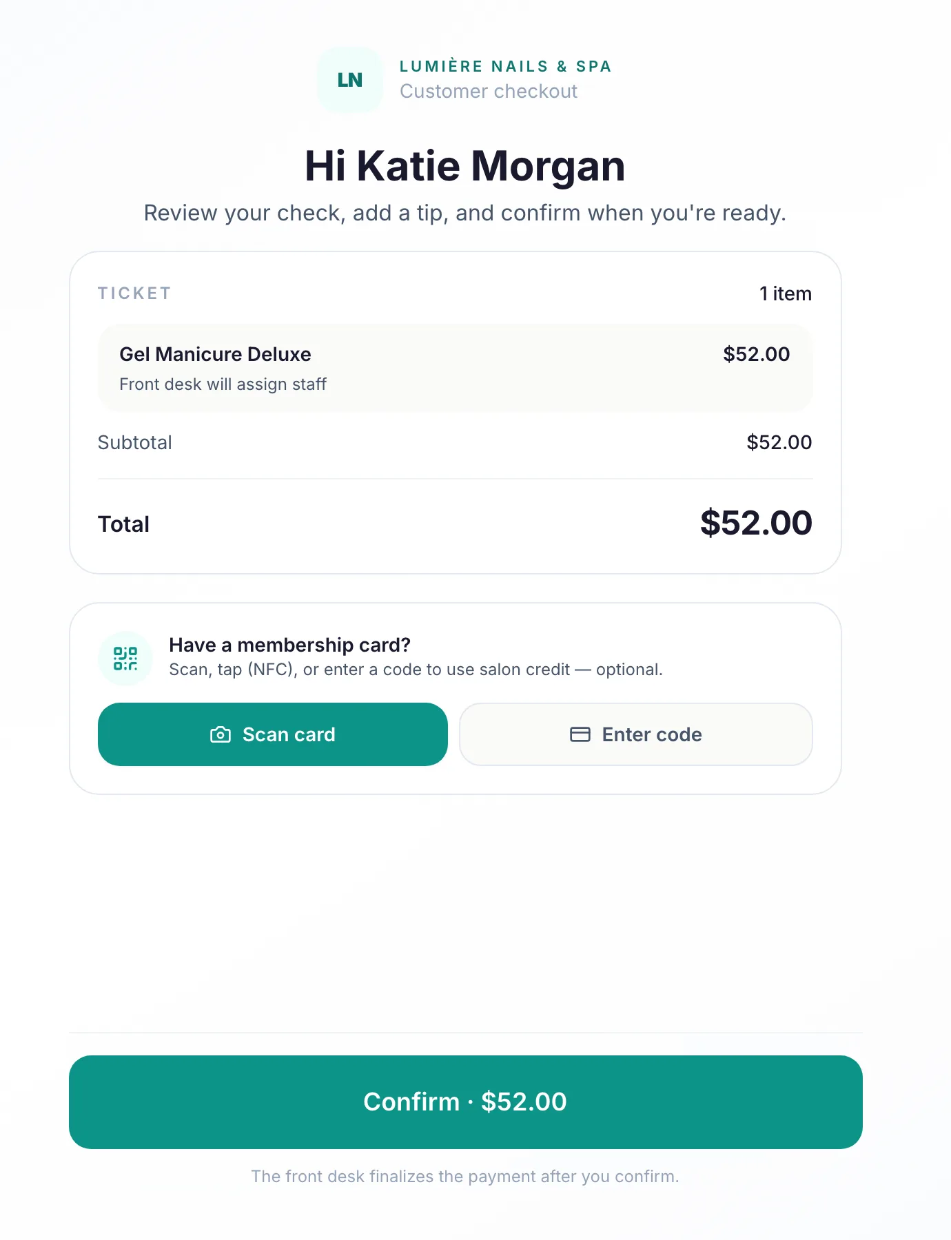 Navi customer screen greeting the client by name with the itemized ticket, an optional membership-card scan, and a Confirm button for the total